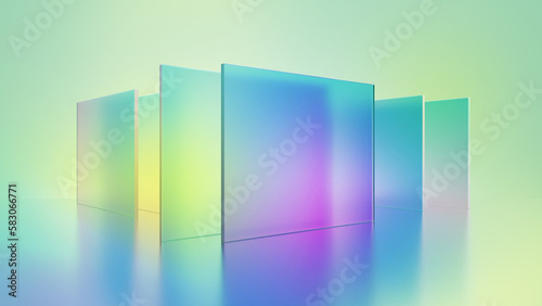 3d render, abstract geometric background, translucent glass with colorful gradient, simple flat square shapes photo