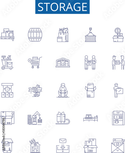 Storage line icons signs set. Design collection of Storage, preservation, stocking, stockpiling, keeping, cache, collection, containment outline concept vector illustrations