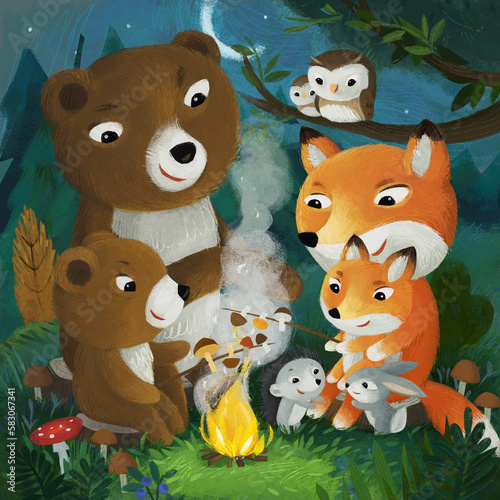 Fototapeta Naklejka Na Ścianę i Meble -  cartoon scene with different forest animals friends fox bear owl illustration for children