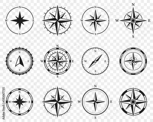 Compass Silhouette Icon Set. Adventure Direction to North, South, West, East Solid Sign.Navigational Orientation Equipment Glyph Pictogram. Windrose, Rose Wind Symbol. Isolated Vector Illustration