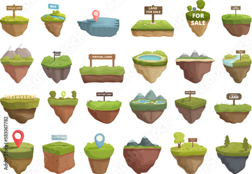 Metaverse land icons set cartoon vector. Vr property. Space sale