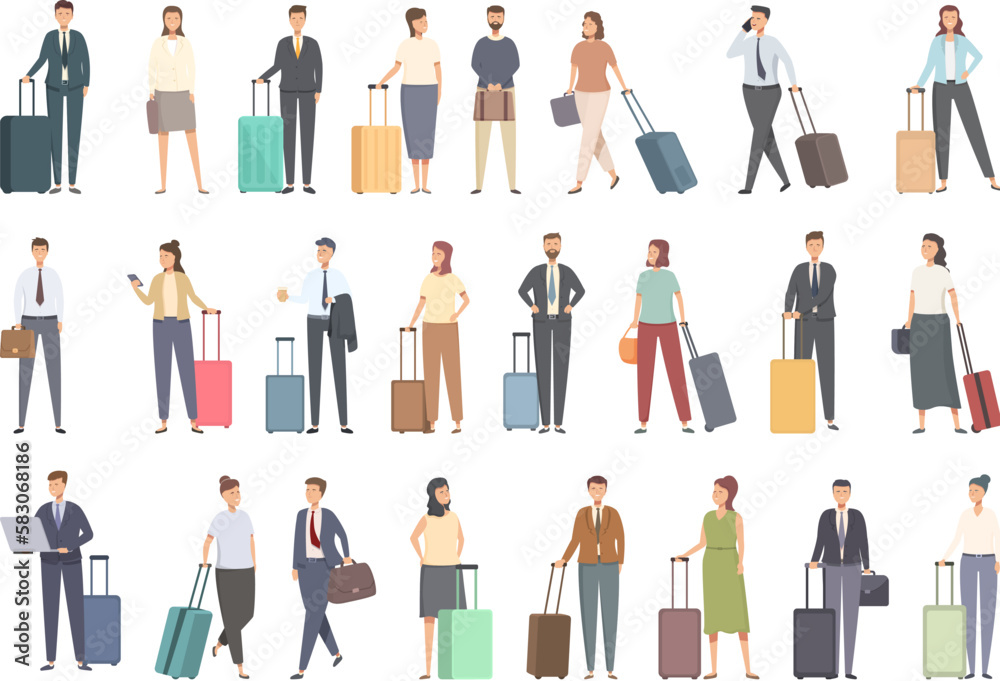 Business trip icons set cartoon vector. Travel airport. Man baggage
