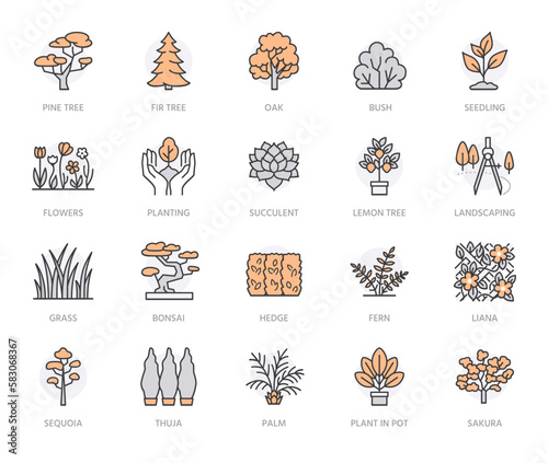 Trees flat line icons set. Plants, landscape design, fir tree, succulent, privacy shrub, lawn grass, flowers vector illustrations. Thin signs for garden store. Orange color. Editable Stroke