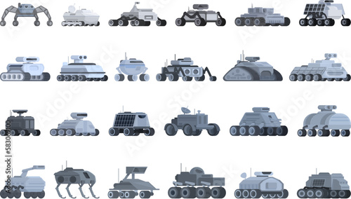 Robotics in space icons set cartoon vector. Machine space. Planet robot