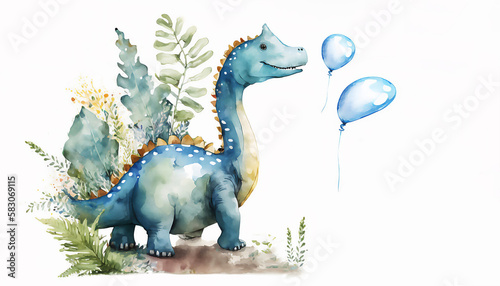 Dinosaur celebrating  birthday with balloons on white background. Happy holiday concept. Greeting card. Watercolor illustration, AI generated