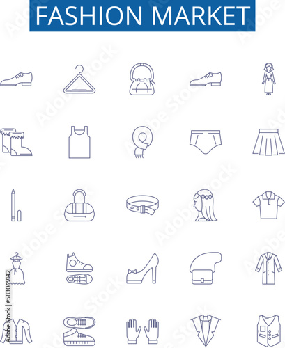 Fashion market line icons signs set. Design collection of Clothing, Garment, Runway, Style, Trend, Boutique, Design, Accessories outline concept vector illustrations