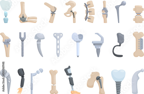 Orthopedic implants icons set cartoon vector. Hip replacement. Surgery point