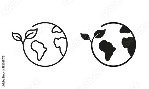 Earth Nature Care Line and Silhouette Icon Set. Ecology Planet and Leaf Pictogram. Eco Globe Green World with Plant Symbol Collection on White Background. Isolated Vector Illustration