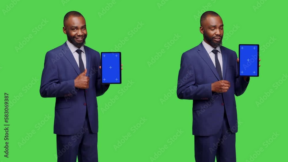 African american person using tablet with blue screen, showing isolated copyspace display on digital device. Young businessman advertising blank mockup on gadget, greenscreen backdrop. African american person using tablet with blue screen, showing isolated copyspace display on digital device. Young businessman advertising blank mockup on gadget, greenscreen backdrop.