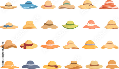 Beach hat icons set cartoon vector. Straw summer. Hat cap
