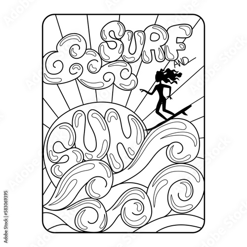 Illustration in black and white of a surf themed design  with the silhouette of a girl surfing in a sea of waves and in the background the sun and a cloud  with retro style hand drawn lettering that s