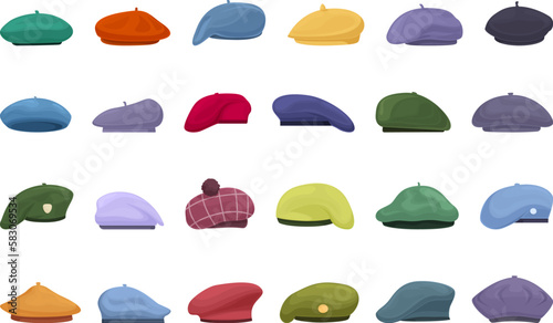 Beret icons set cartoon vector. French hat. Painter wool
