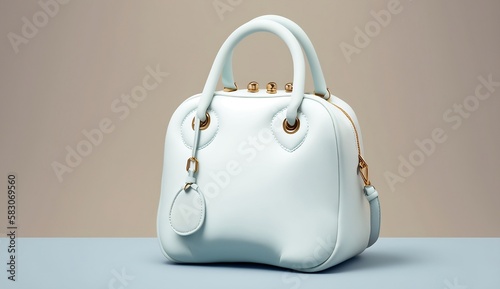 Beautiful stylish elegant women's bag in delicate white color on a light blue and gray background