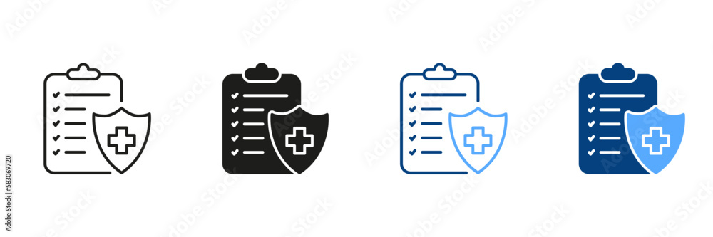 Hospital Diagnostic Document Black and Color Symbol Collection. Patient Diagnosis Report Pictogram. Medical Record Line and Silhouette Icon Set. Information on Clipboard. Isolated Vector Illustration - obrazy, fototapety, plakaty 