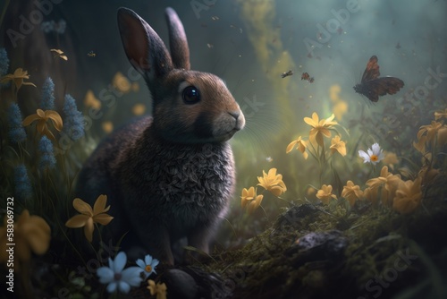 A wild orange Rabbit/bunny with big ears in a magical fresh green forest (Spring baby rabbit or Easter rabbit),generative ai.