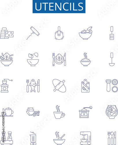 Utencils line icons signs set. Design collection of Utensils, cutlery, dishes, pots, pans, knives, forks, spoons outline concept vector illustrations