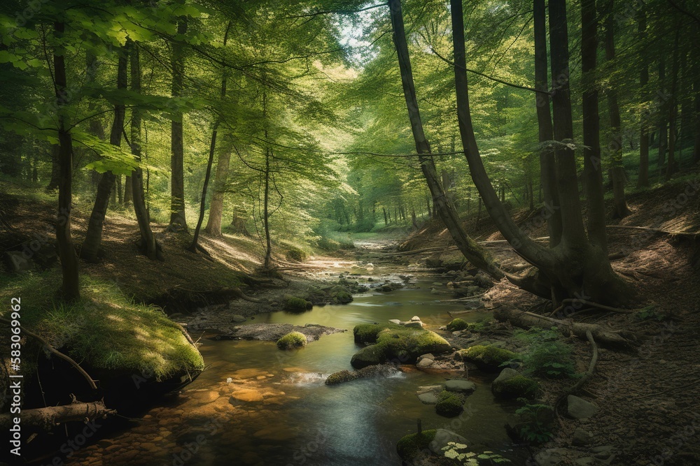 Green forest and stream with sunlight, Woodland, Generative AI