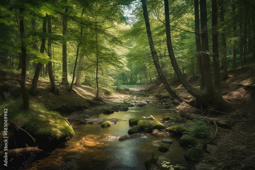 Obraz premium Green forest and stream with sunlight, Woodland, Generative AI