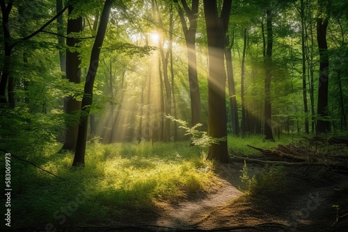 Green forest with beautiful sunray shinning through the trees. Generative AI