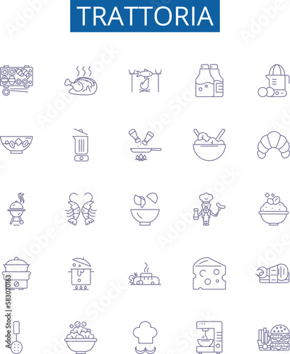 Trattoria line icons signs set. Design collection of Restaurant, Italian, Pizza, Pasta, Cuisine, Trattoria, Lunch, Dinner outline concept vector illustrations