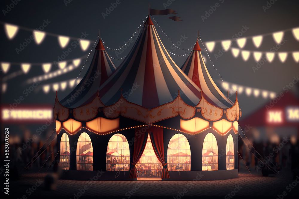 Circus Day, a festive red and white circus tent on the day of the festival against the backdrop of the city with people. Entertaining holiday concept and fun glowing lights. Generative AI. Circus Day, a festive red and white circus tent on the day of the festival against the backdrop of the city with people. Entertaining holiday concept and fun glowing lights. Generative AI.