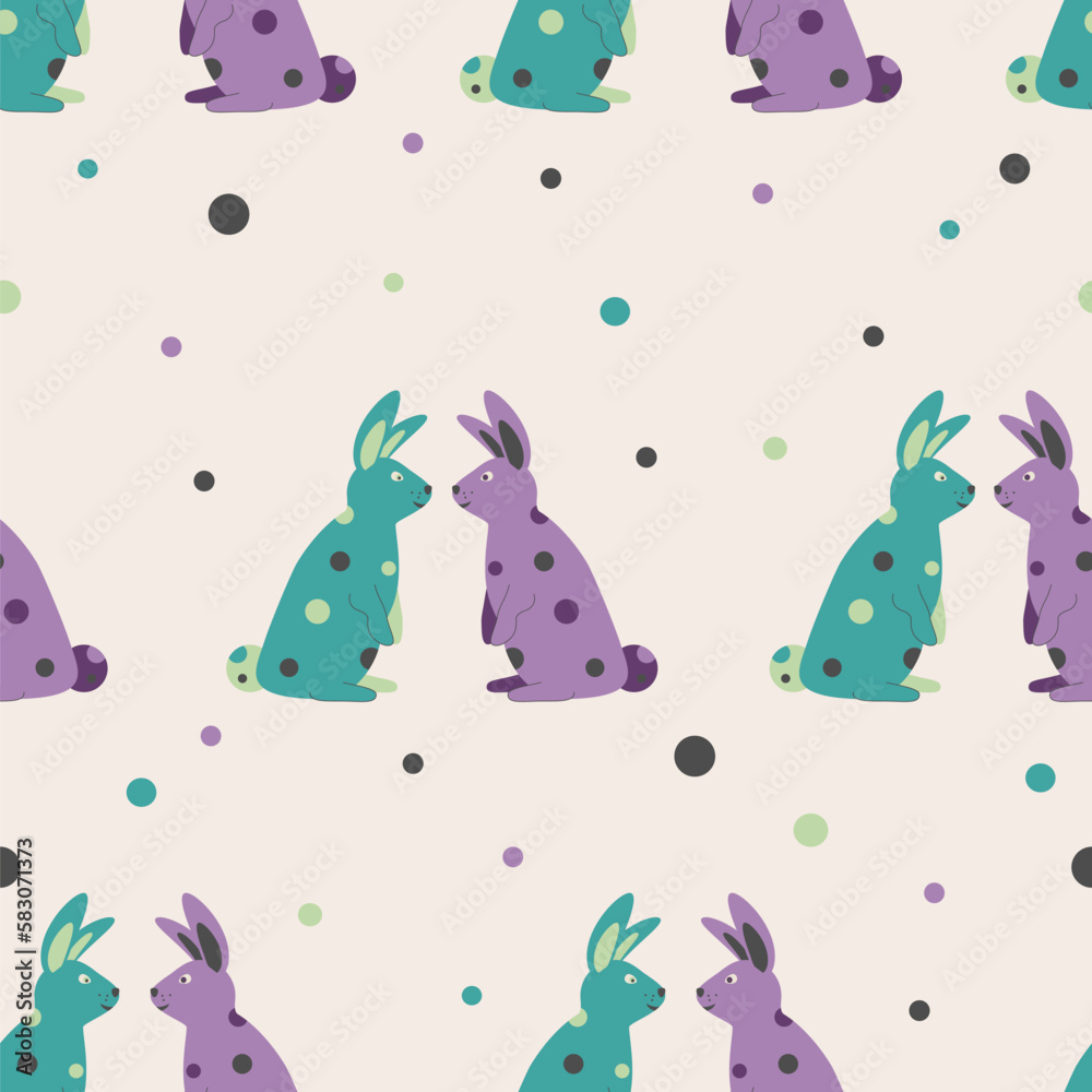 Seamless pattern of cute spotted turquoise and purple bunnies sitting in line on light pink background with colored circles Seamless pattern of cute spotted turquoise and purple bunnies sitting in line on light pink background with colored circles