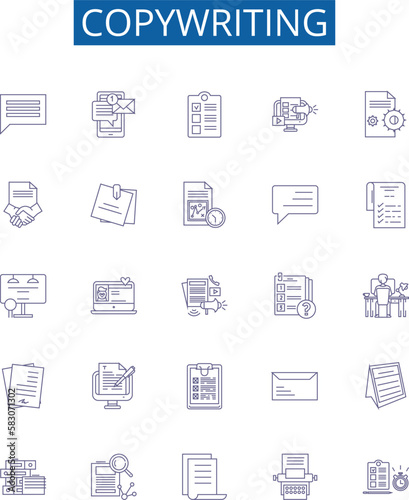 Copywriting line icons signs set. Design collection of Copywriting, Writing, Content, Creativity, Advertising, Scripting, Scripting, Wordsmithing outline concept vector illustrations