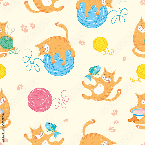 Seamless pattern with red funny fat cats in different poses and balls of yarn on a light background © Julia Shinova