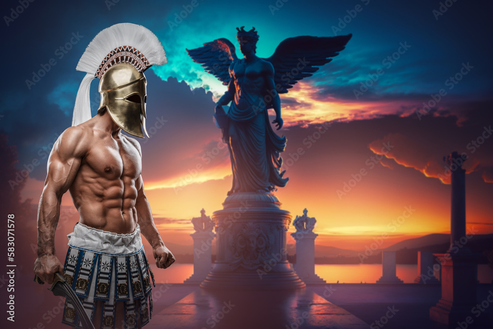 Art of powerful warrior from ancient greece with naked torso and plumed helmet. Art of powerful warrior from ancient greece with naked torso and plumed helmet.