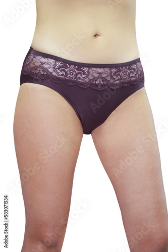 Lingerie. Beautiful lacy women's panties on an unrecognizable pattern isolated on white background. Classic burgundy shorts. Elegant fashion underwear.