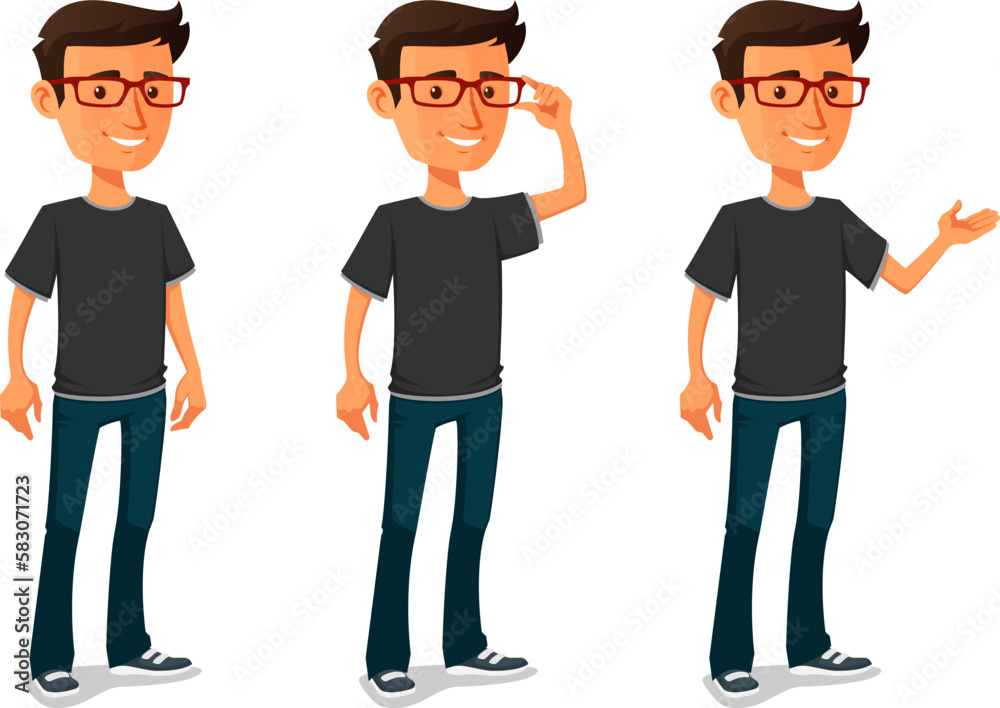 funny cartoon character of a young man in jeans, wearing glasses, smiling and gesturing