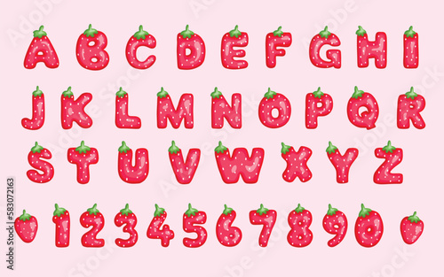 Cute strawberry letter font alphabet and number