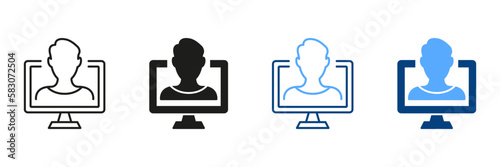 Distant Education, Consultation, E-learning and Online Webinars. Online Education Silhouette and Line Icon Set. Online Training Color Sign. Teacher and Computer Screen. Isolated Vector Illustration