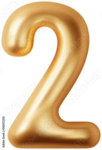 Golden chrome numbers two 3d realistic png. Metal golden glossy font number 2. Decoration for banner, cover, birthday or anniversary party invitation design