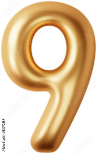 Golden chrome numbers nine 3d realistic png. Metal golden glossy font number 9. Decoration for banner, cover, birthday or anniversary party invitation design