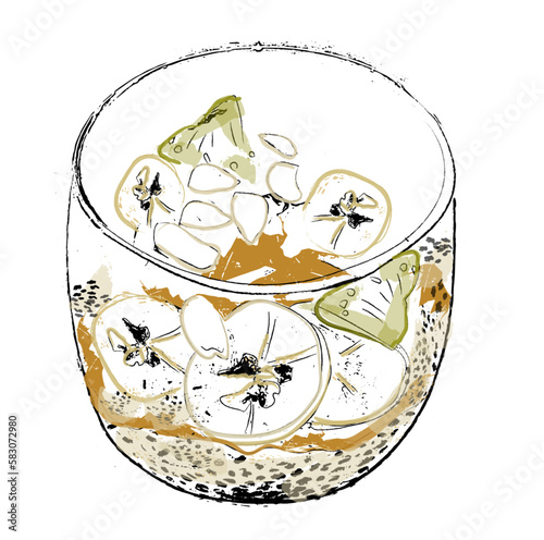 Chia pudding vector watercolor. Breakfast tasty healthy dessert