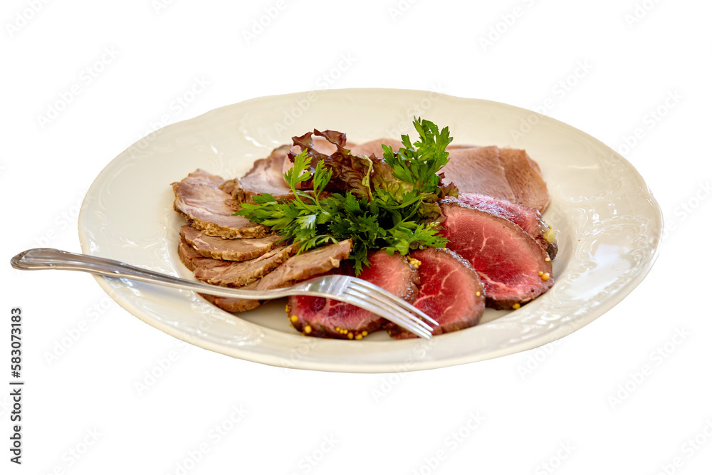 Appetizer plate with a meat selection. Sliced baked ham. Isolated Appetizer plate with a meat selection. Sliced baked ham. Isolated