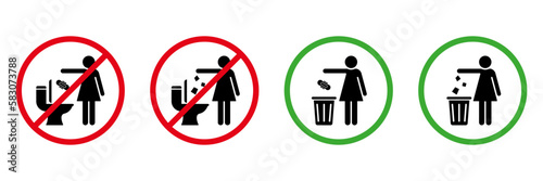 Please No Flush Litter in Toilet Sign Set. Allowed Throw Napkin, Paper, Pads, Towel in Waste Basket Silhouette Icon. Please Throw Litter in Bin, No in Toilet Pictogram. Isolated Vector Illustration