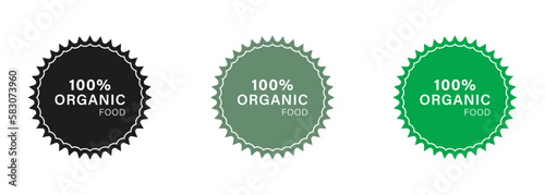 100 Percent Organic Food Green and Black Icon Set. Organic Food Label. Bio Healthy Eco Food Silhouette Sign. Natural and Ecology Product Vegan Product Solid Sticker. Isolated Vector Illustration