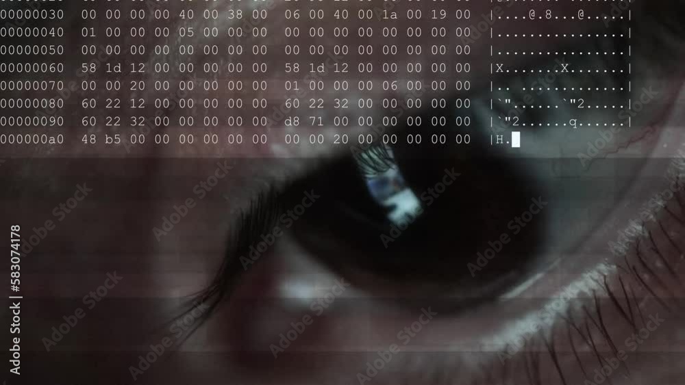 Detail of man's eye with digital glitch overlays, software code text ...