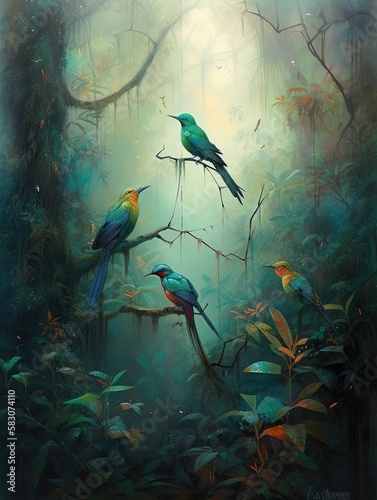 Bird of paradise in the forest with leaves and flowers illustration painting   Generative AI