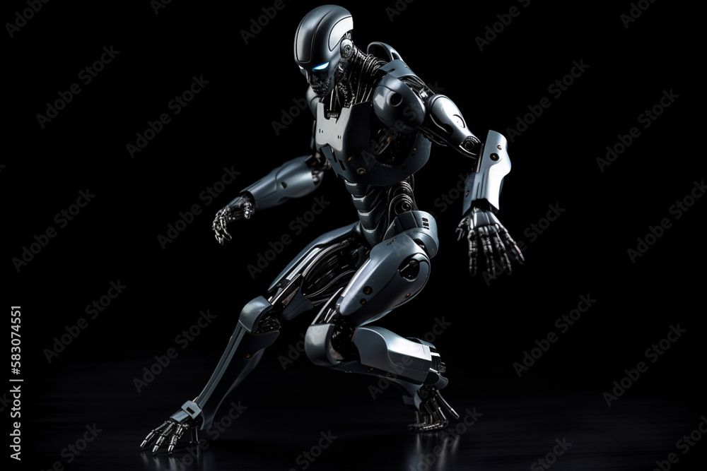 Advanced futuristic smart technology software. Artificial intelligence humanoid, cyborg, robot ready to run on empty background.
