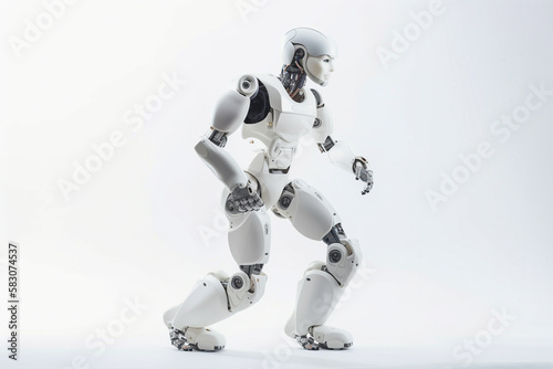 Advanced futuristic smart technology software. Artificial intelligence humanoid  cyborg  robot ready to run on empty background.