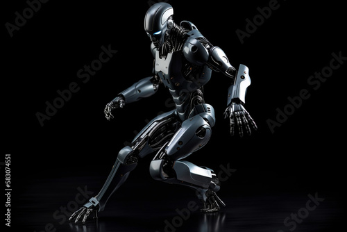 Advanced futuristic smart technology software. Artificial intelligence humanoid, cyborg, robot ready to run on empty background.