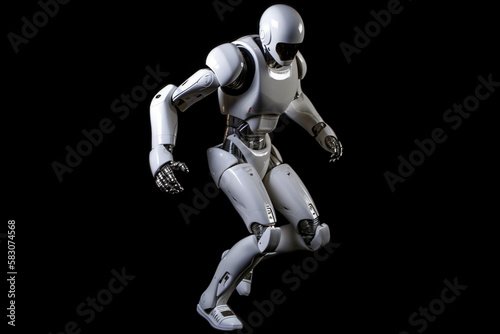 Advanced futuristic smart technology software. Artificial intelligence humanoid  cyborg  robot ready to run on empty background.