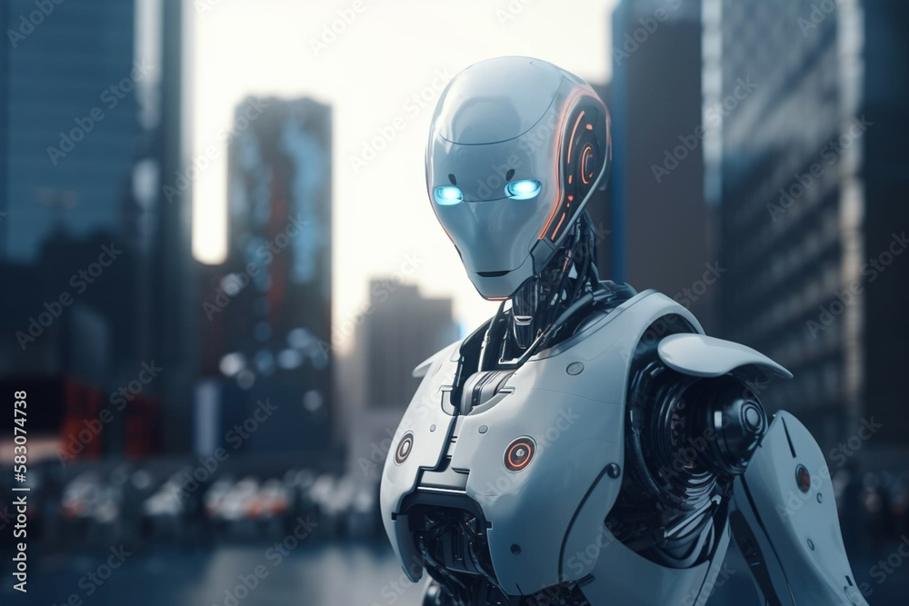 Concept of artificial intelligence. Advanced futuristic smart technology in smarty city.
Humanoid, cyborg, robot.