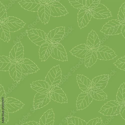 Seamless pattern of mint leaf icon. Isolated illustration of a mint leaf icon in linear style on a green background.