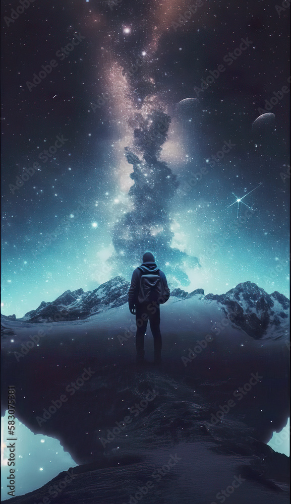 Obraz premium Double exposure galaxy background, epic view, smartphone wallpaper, (generated ai)