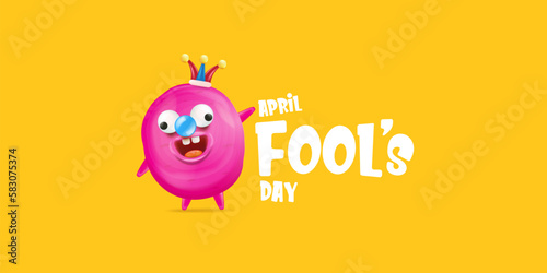 April Fools day funky horizontal banner with silly pink clown monster character isolated on orange background. 1 st april fool day banner, poster, label, flyer and greeting card. Fool day print