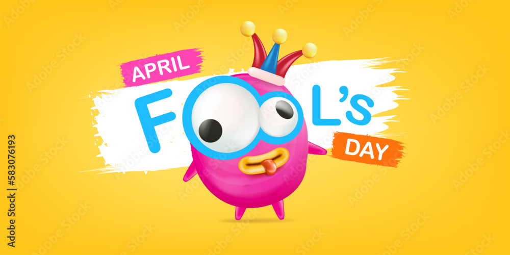 Naklejka premium April Fools day funky horizontal banner with silly pink clown monster character isolated on orange background. 1 st april fool day banner, poster, label, flyer and greeting card. Fool day print